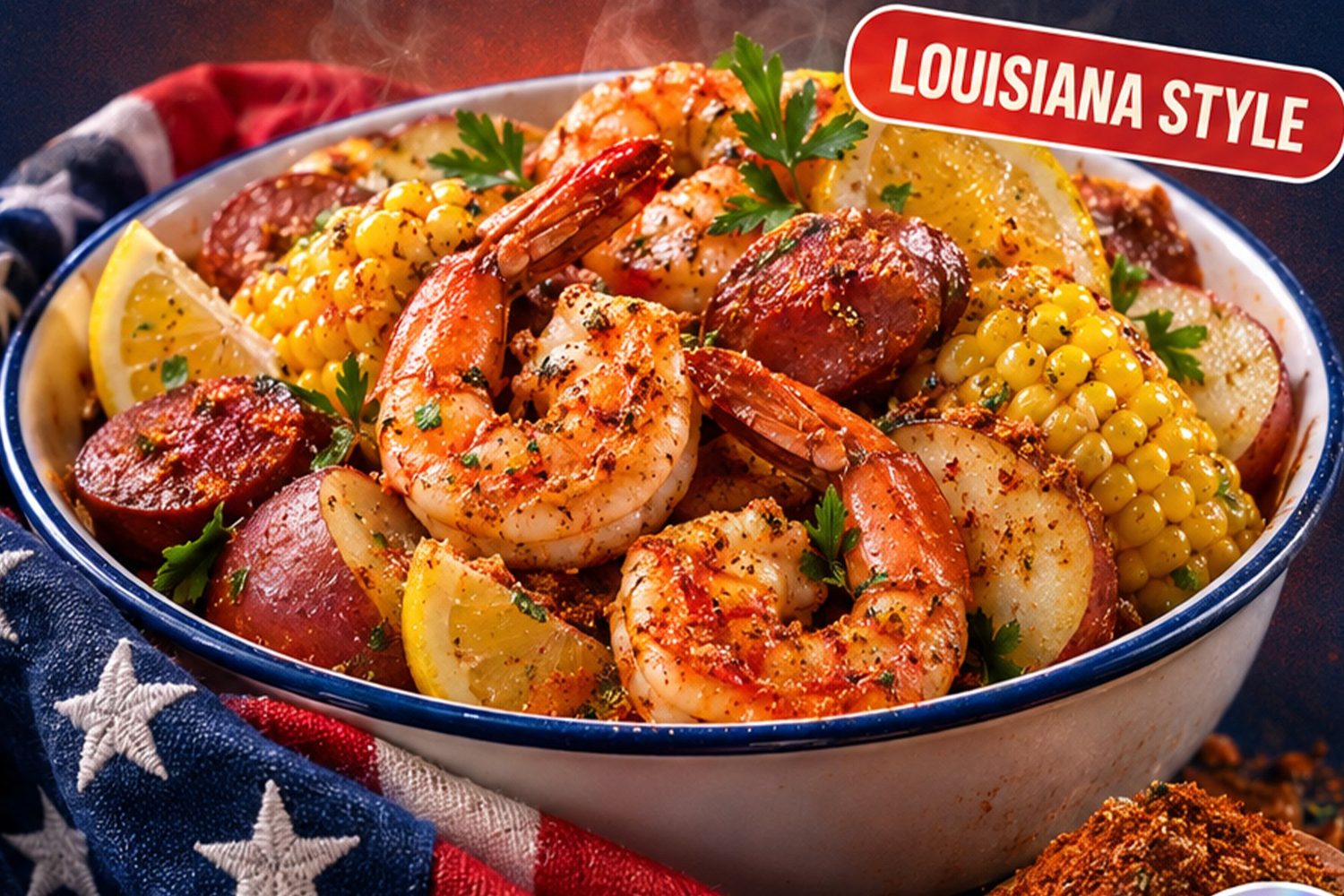 Creveți Cajun: shrimp boil cu porumb, cartofi și cârnați